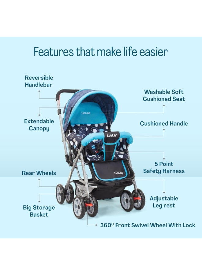 LuvLap Sunshine Baby Stroller/Pram for 0 to 3 Years, New Born/Toddler/Kid, 5 Point Safety Harness, Adjustable backrest, 360° Swivel Wheel, Large Storage Basket, Reversible Handlebar (Blue) - Image 2